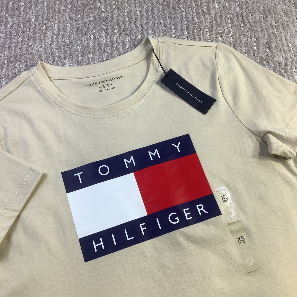 Tommy Hilfiger Mens Beige Flag Graphic Logo‎ Crew Neck T-Shirt Size XS NWT